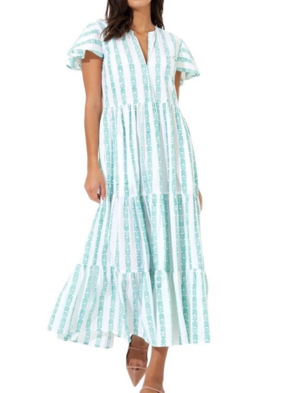 Oliphant Mint and White Striped Maxi Dress with Flutter Sleeves